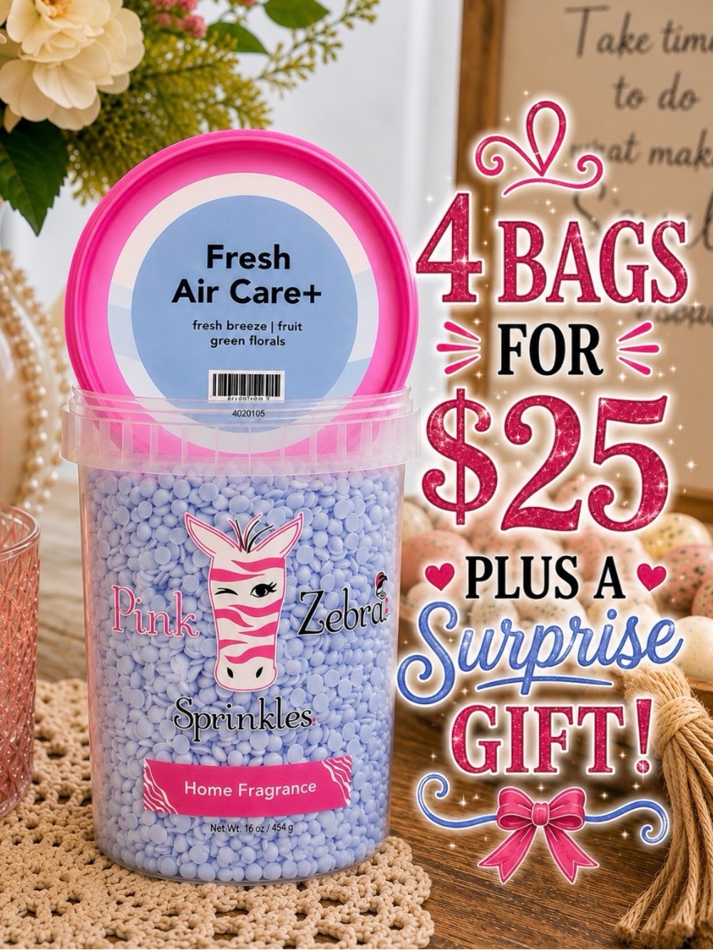 Pink Zebra Fresh Air Care + Soft Soy Wax Melts 2 oz Bag 48 Hours of Fragrance